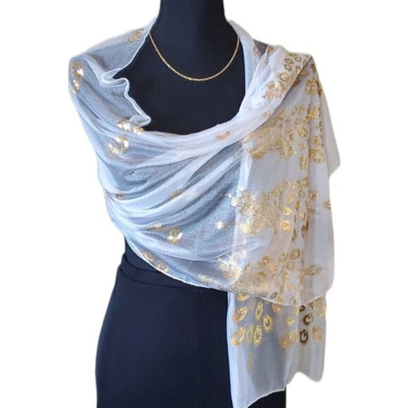 SALE Animal Print Stunning White and Gold Design Silk Feel Scarf - Picture 2 of 7
